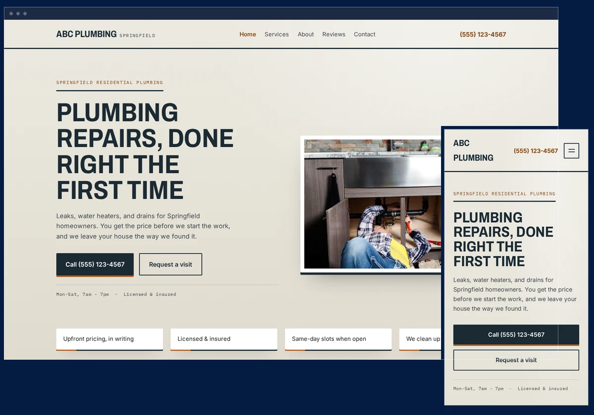 A sample plumbing website shown on a desktop browser with the phone version in front of it: the company name and city, the phone number, a headline, a call button and a request-a-visit button, opening hours, and a row of four short claims about pricing, licensing, availability, and cleanup.