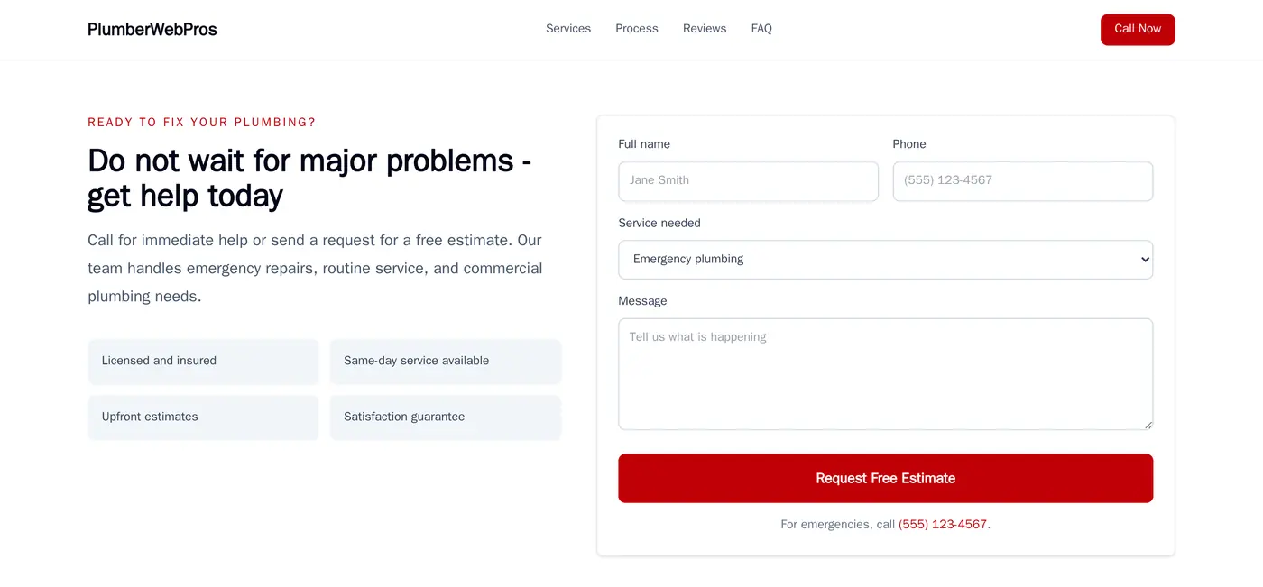 The contact section of the same sample site: a short request form beside the phone number and a plain list of what the company covers.