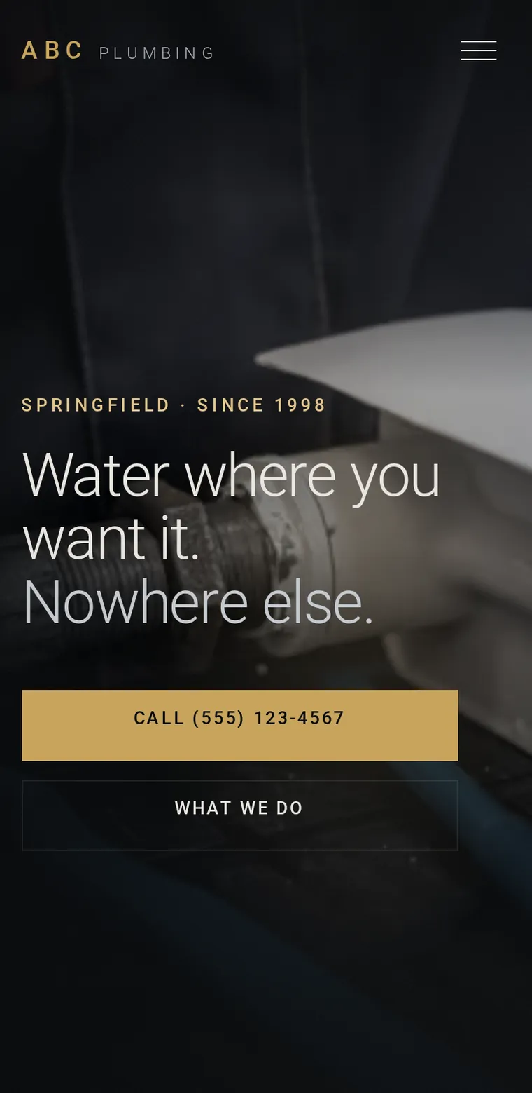A concept plumbing homepage on a phone: the city and founding year above the headline, and a full-width call button before the first scroll.