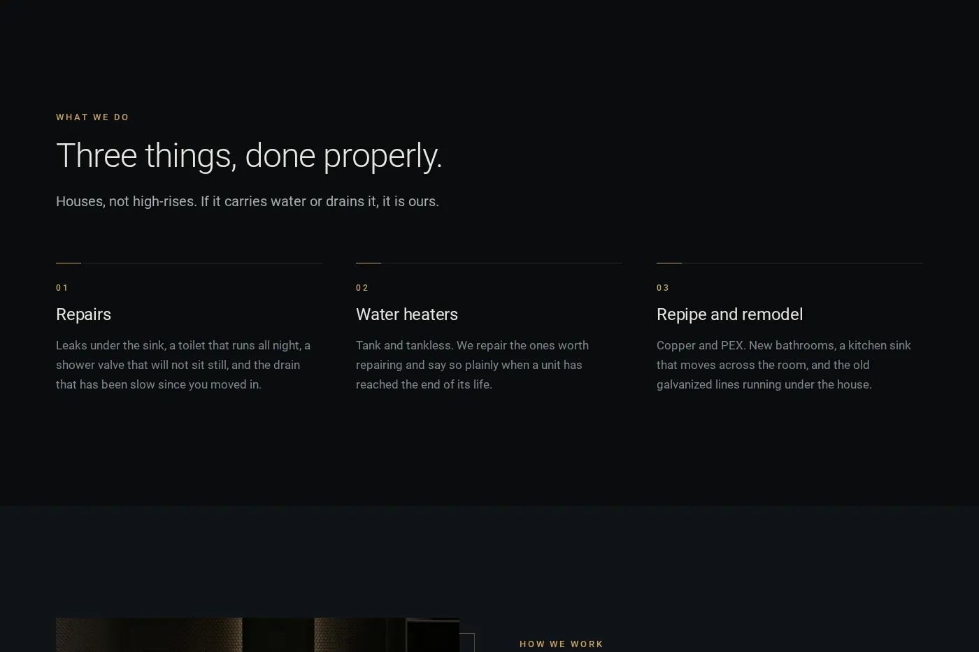 A concept plumbing website’s service section: three numbered services, each with a plain-English description.