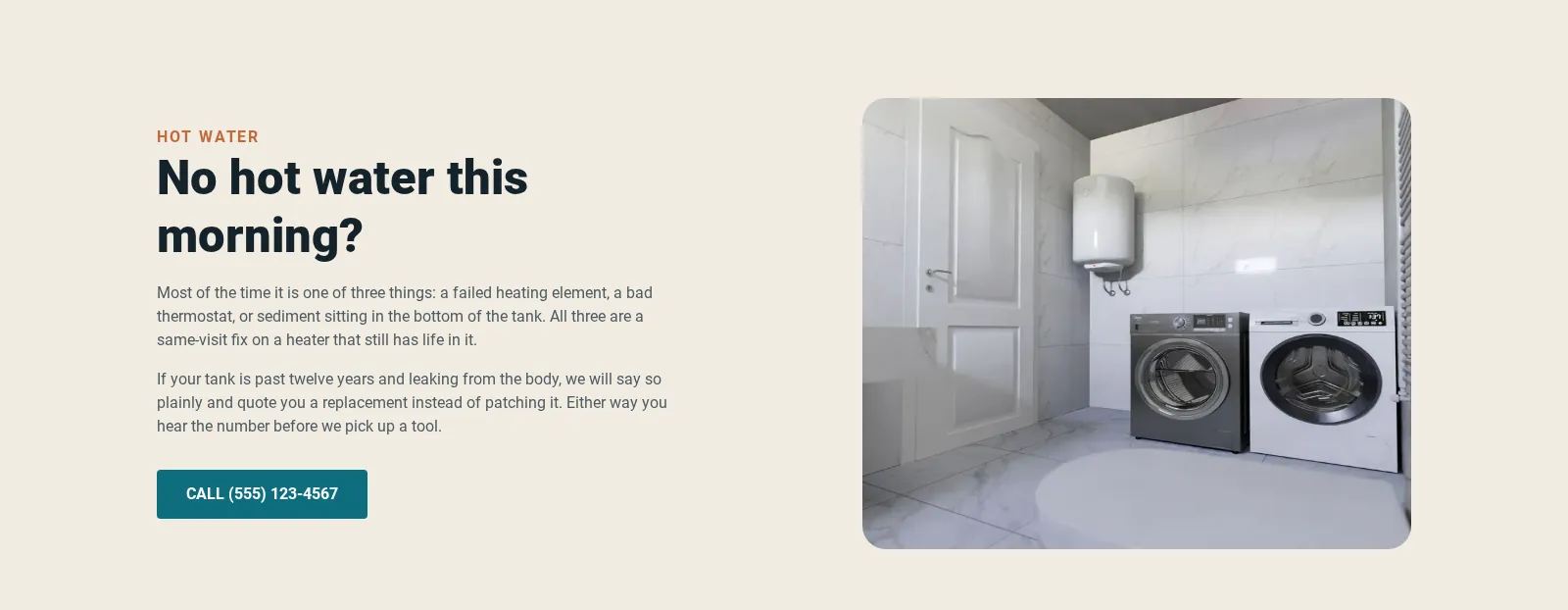 A concept service page that opens with the customer’s problem — “No hot water this morning?” — and explains the likely causes before the call button.