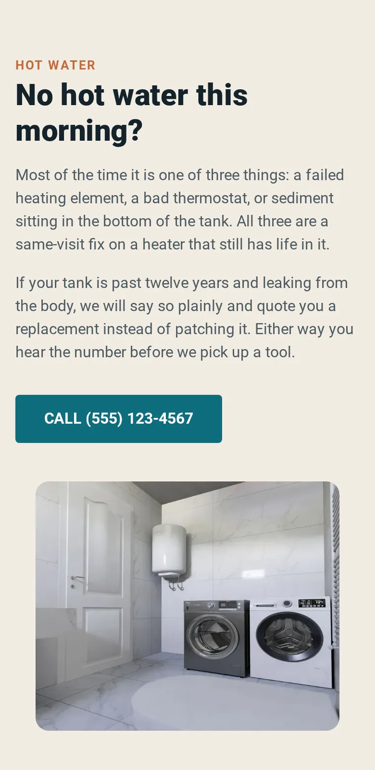 The same hot-water section on a phone, with the call button between the text and the photo.