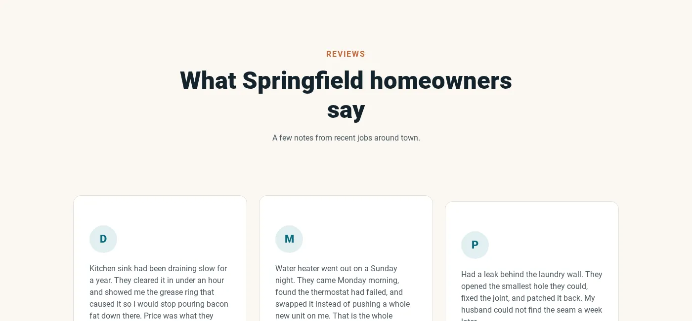 The reviews section of the same concept site: three short homeowner notes shown as cards.